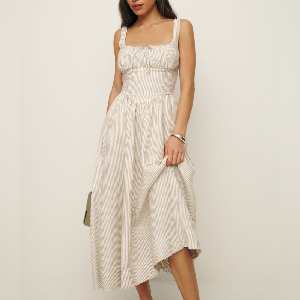 Reformation| Balia Linen Dress - Sandy Stride - Midi Size 6